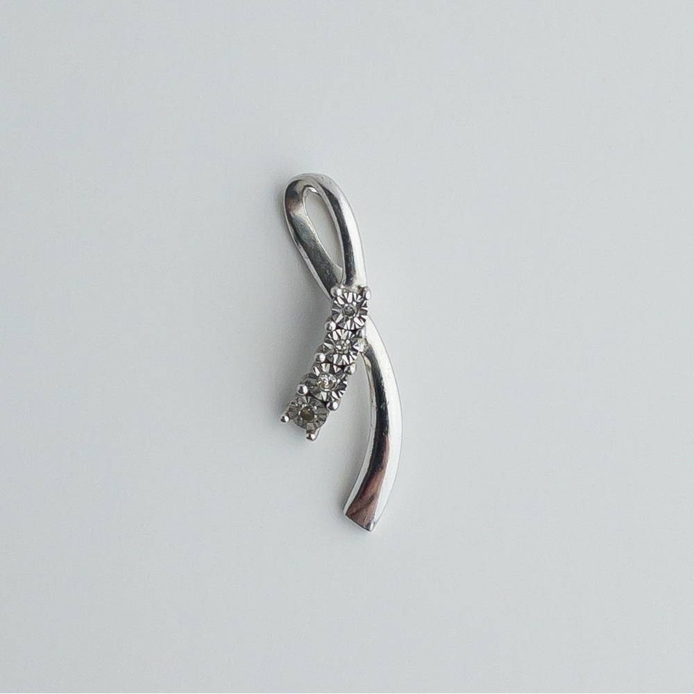 Zales Sterling Silver Pave Diamond Ribbon Necklace Slider Pendant 4 Stones 925